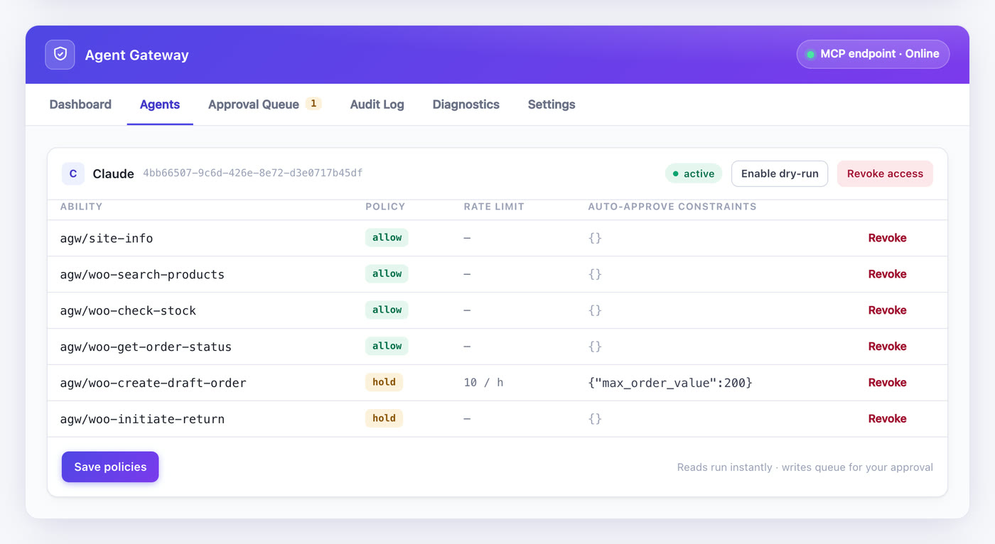 Per-agent permissions editor with allow, hold, and deny policies